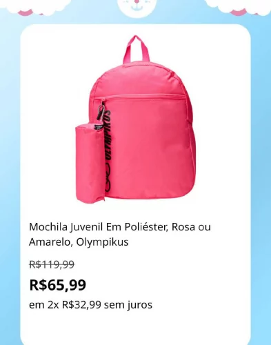 🛍️Mochila Juvenil Em Poliéster, Rosa ou Amarelo, Olympikus