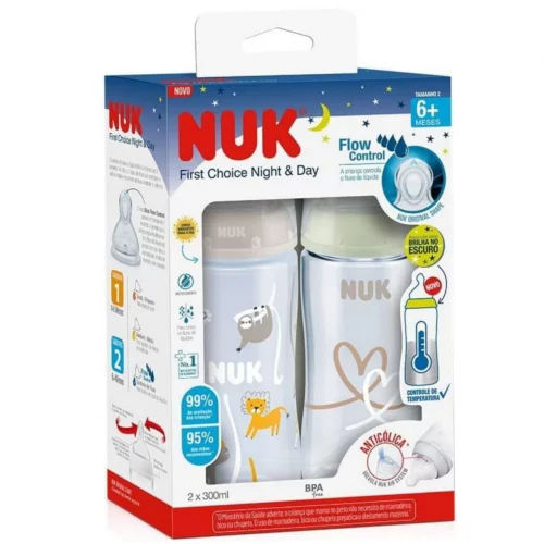 NUK Kit de Mamadeiras Anticólica Dia e Noite com Controle de Temperatura 300ml - Branca