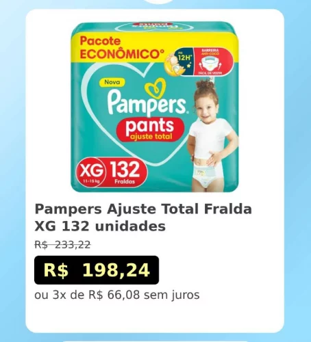 🛍️Pampers Ajuste Total Fralda XG 132 unidades