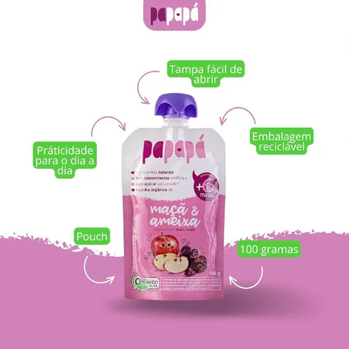 Papapá, Papinha infantil, Orgânico, Sabor Maçã & Ameixa, 100g, Rosa