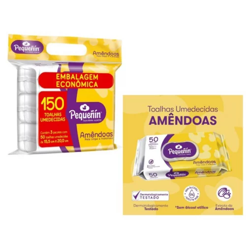 Pequeñín Lenços Umedecidos Amêndoas 150 unidades (3 Pcts de 50 Uni Cada)