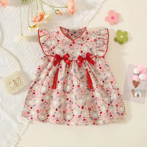 Pink Rabbit Print Bow Pendant Vestido de Verão Novo Padrão para Menina 0-3 Anos