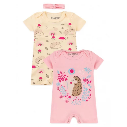 Roupa Macacão Bebê Menina Verão Algodão Porco Espinho Rosa/Creme