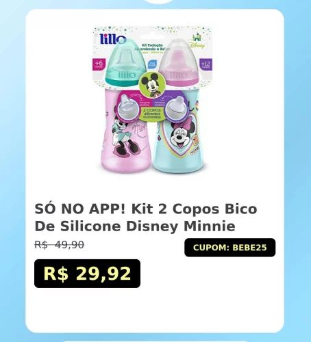 🛍️SÓ NO APP! Kit 2 Copos Bico De Silicone Disney Minnie