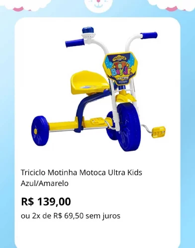 🛍️Triciclo Motinha Motoca Ultra Kids Azul/Amarelo