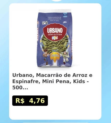 🛍️Urbano, Macarrão de Arroz e Espinafre, Mini Pena, Kids - 500g