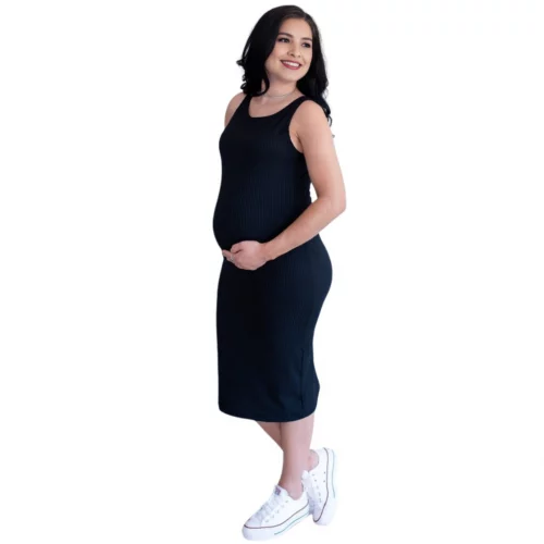 Vestido Gestante Canelado Midi Com Fenda