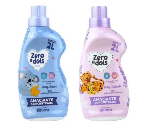 Zero a Dois, Amaciante de Roupas e Tecidos para Bebê, Concentrado, Aroma Baby Delicado, 500ml, Roxo