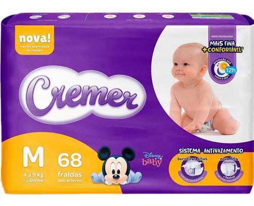Fralda Cremer tamanho M para bebês com 68 unidades.