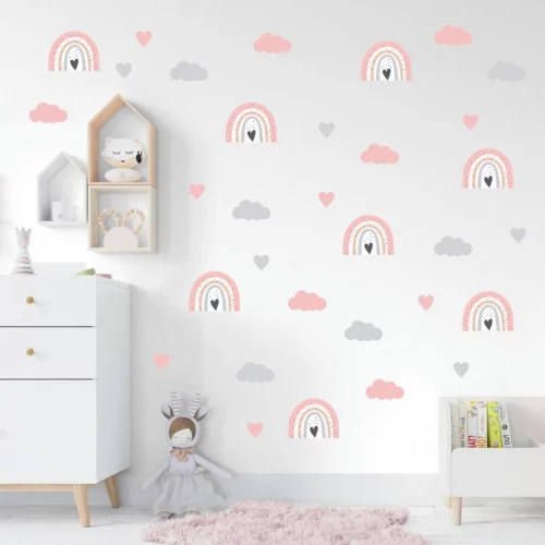 Adesivos de Parede Infantil Arco Íris, Nuvens e Corações Quarto bebe Decoração Fácil Aplicação