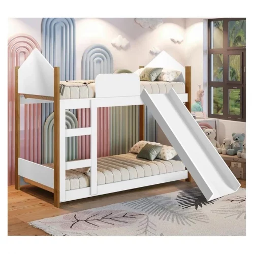 Beliche Infantil com Escorregador Grade De Proteção Branco Quarto Menina e Menino Seguro Divertido e Moderno