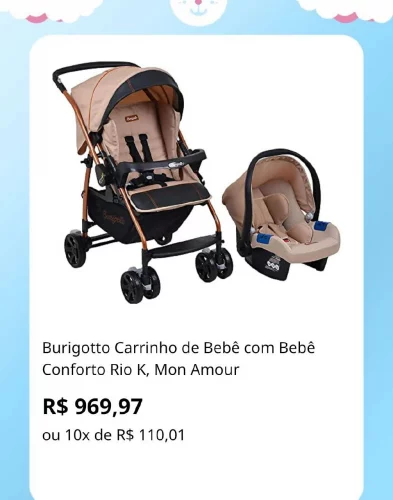 🛍️Burigotto Carrinho de Bebê com Bebê Conforto Rio K, Mon Amour