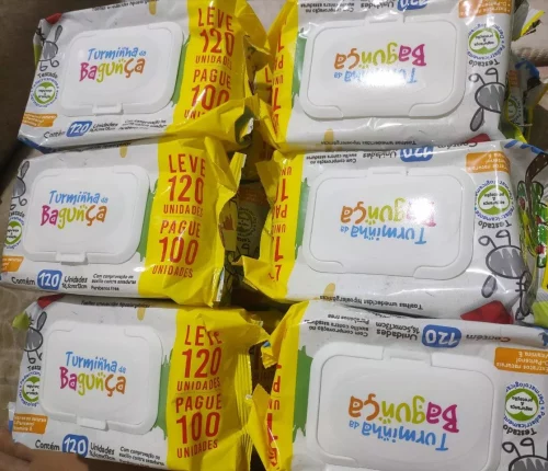 Caixa 10 Pacotes Lenços Umedecidos Turminha da Bagunça 120 Folhas Com Tampinha Flip Top