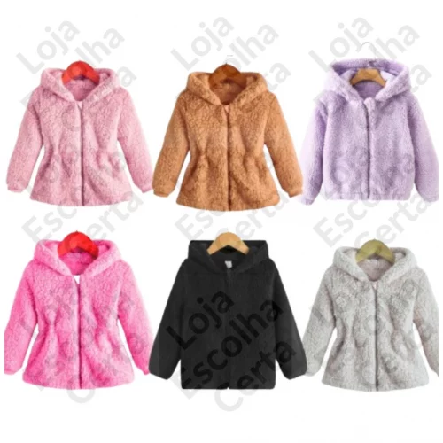 Casaco Teddy Infantil Menina Capuz Touca com Ziper Ted Tedy Forrado Quente Feminino Jaqueta Infantil