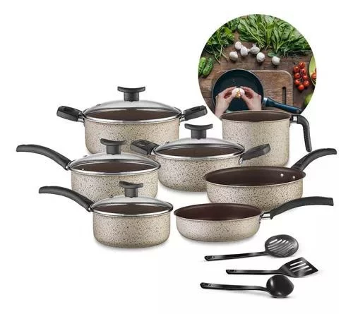 Conjunto De Panelas Antiaderente 10 Peças Teflon Linha Coffee Cappuccino Tampa De Vidro