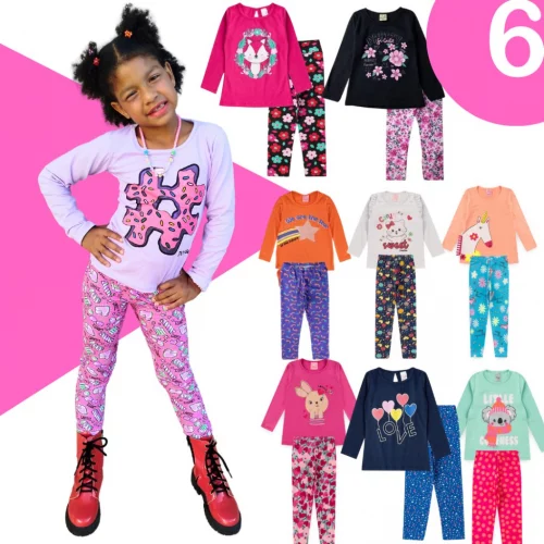 Conjunto Meia Estação Menina Kit 6 peças 3 Camiseta 3 Calça  Roupa de frio infantil inverno kids