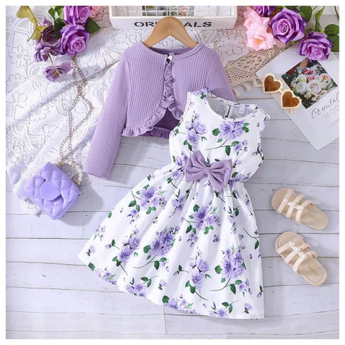 Conjunto Roupa Infantil Menina 2-8Anos Manga Longo Casaco Floral Vestidos Para Crianças