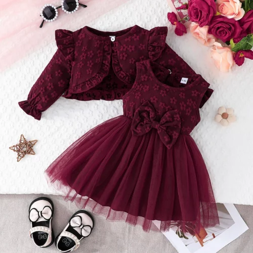 Conjunto Roupa Infantil Menina 6Meses-3 Anos Verão Moda Manga Longa Botão Casaco Suspensórios Vestidos Floral Tule De Princesa Para Bebê Recém-Nascidos