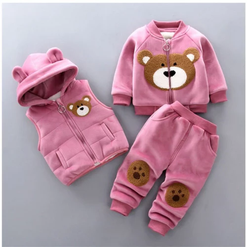 Conjuntos De Roupas Quentes De Inverno Para Capuzes Calças De Capuz Exterior 3Pcs De Algodão Veludo Crianças De Outono
