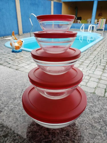 Euro - Conjunto de Potes de Vidro Redondos com Tampa Plástica, Vermelho, 5 Peças