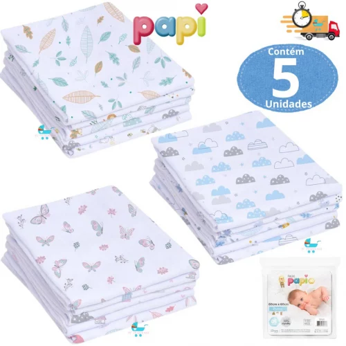 Fraldas de pano kit com 10 unidades 60x60cm 100% algodão Papi Bebê Babete Toalinha Paninho Estampado