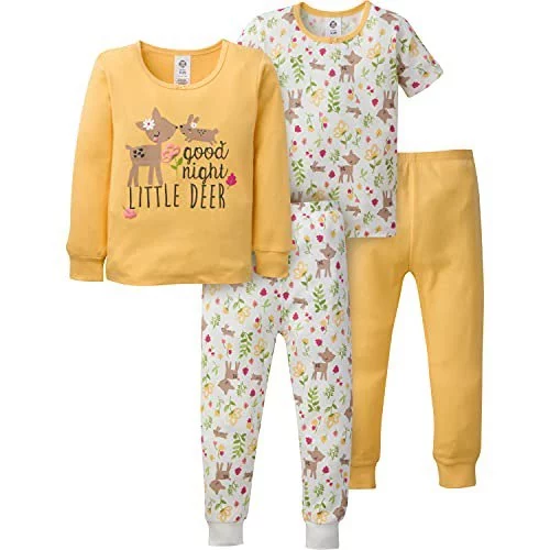 🤎 Gerber Conjunto de pijama de 4 peças para bebês meninas, Cervo amarelo, 18 Meses