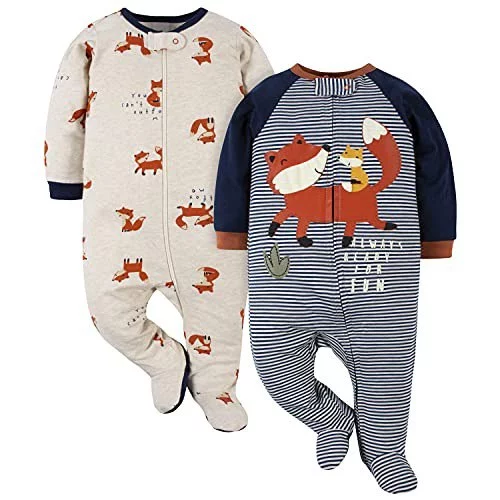 🤎 Gerber Pacote com 2 para bebês meninos, Sleep N Play, Raposa azul, 0-3 Meses