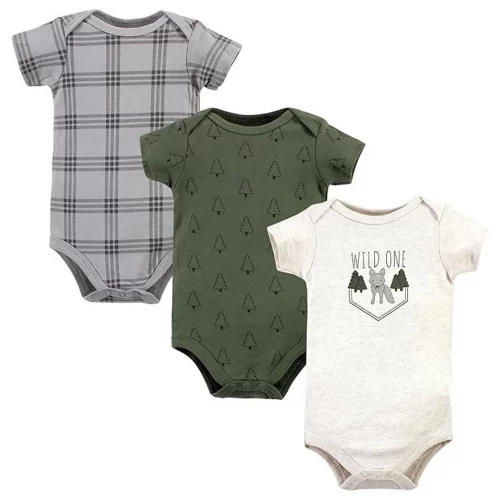 Hudson Baby Kit com 3 Bodies de Algodão Manga Curta, Unissex, Wild One Wolf - Tam 9m ao 12m
