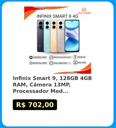 🛍Infinix Smart 9, 128GB 4GB RAM, Câmera 13MP, Processador Mediatek Hélio G81, Bateria 5000MAH, Versão global, Novo