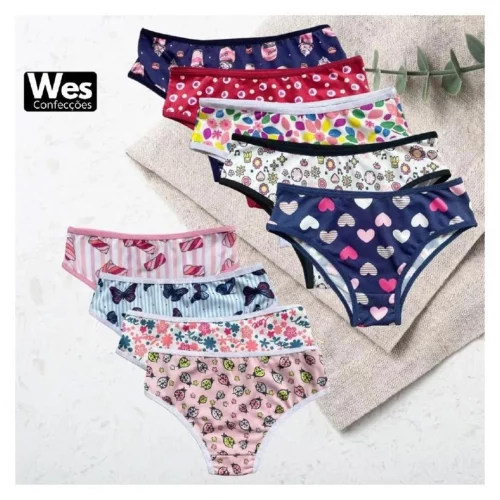 Kit 10 e 12 Calcinhas Tanga Infantil Estampadas Com Viés Colorido Delicada Confortável (M ao GG)
