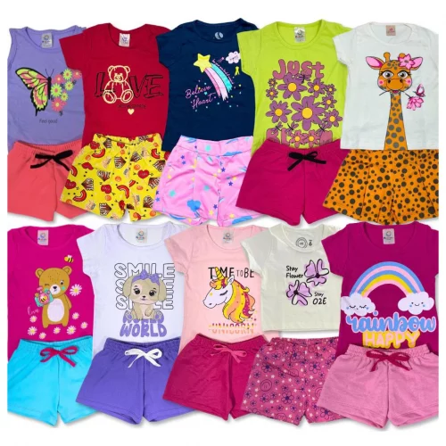 Kit 10 ou 06 Peças Conjunto Roupa Infantil Menina Verão 5 ou 3 Camiseta ou Regata + 5 ou 3 Shorts Estampado Sortidos