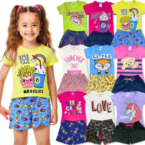 Kit 10 peças 05 Conjuntos ou 06 Peças 03 Conjuntos Menina Infantil Camiseta/Blusa + Shorts/Bermuda