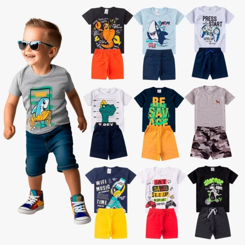 kit 10 peças de roupas são 5 conjuntos masculino infantil verão bermuda e camisa tamanho 1 2 3 4 6 8