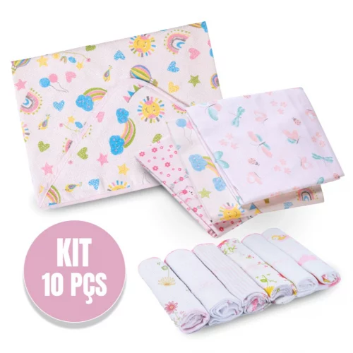 KIT 10 PEÇAS! PRÁTICO E COMPLETO!1 TOALHA FORRADA +3 CUEIROS 80x50CM ESTAMPADOS +6 PANINHOS DE BOCA!