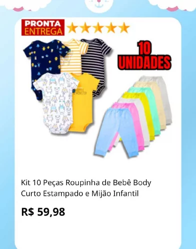 🛍️Kit 10 Peças Roupinha de Bebê Body Curto Estampado e Mijão Infantil