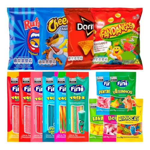 👉Kit 10 Salgadinhos Elma Chips + 10 Pacotes Bala Fini