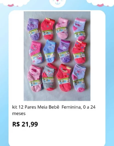 🛍️kit 12 Pares Meia Bebê  Feminina, 0 a 24  meses