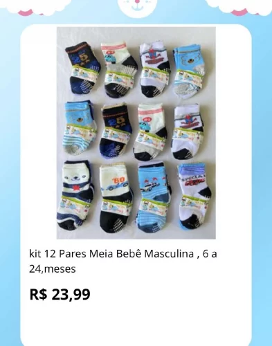 🛍️kit 12 Pares Meia Bebê Masculina , 6 a 24,meses