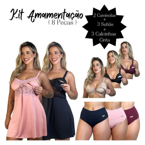 Kit 2 Camisolas Amamentação + 3 Sutiãs amamentação + 3 Calcinhas Compressão