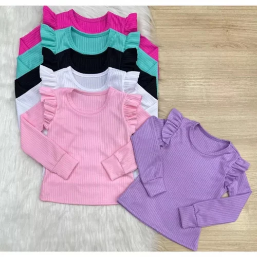 KIT 3 Blusas infantil menina manga longa manga comprida  com babado CORES SORTIDAS