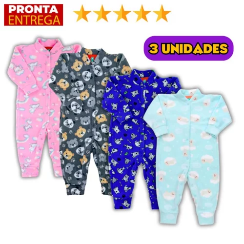 Kit 3 Macacão Soft De Bebê Com Botões Enxoval Infantil P-M-G