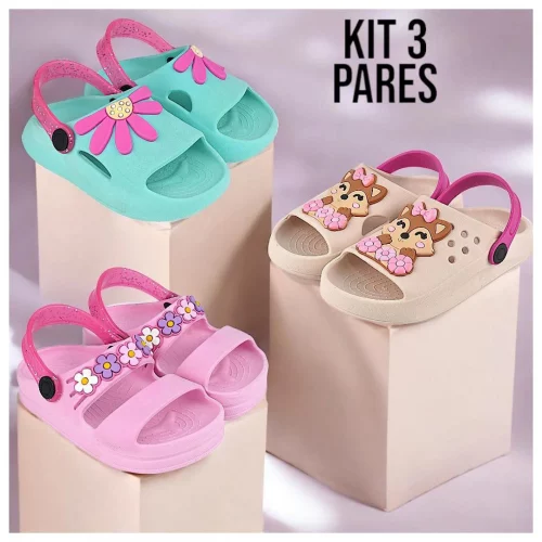 Kit 3 Pares Sandália Papete Infantil Menina e Chinelo Nuvem