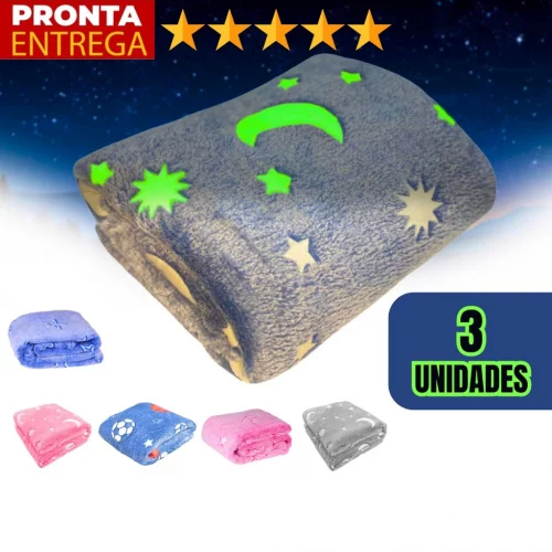 Kit 3 Unidades Manta Brilha No Escuro Para Bebê Infantil Inverno Estampada 100cm x 80cm