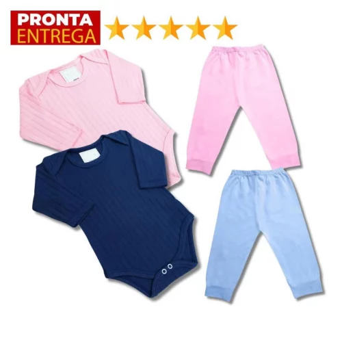 Kit 4 Peças Body Canelado Manga Longa Bebê E Mijão Malha Infantil