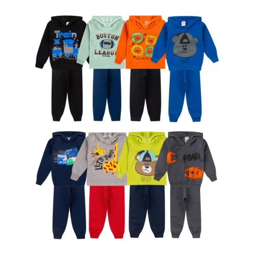 Kit 4 Peças Conjunto Moletom Infantil Menino Masculino Inverno Com Capuz Outono