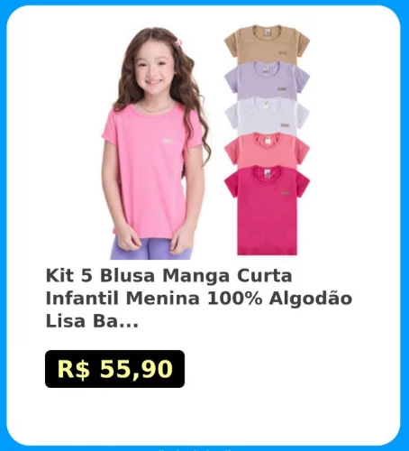 🛍Kit 5 Blusa Manga Curta Infantil Menina 100% Algodão Lisa Basica