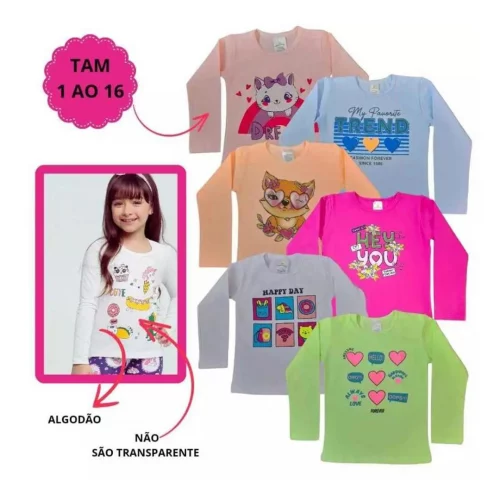 Kit 5 Camisetas Blusinha Manga Longa de Algodão Infantil Menina Meia Estação no Tamanho 1 ao 16