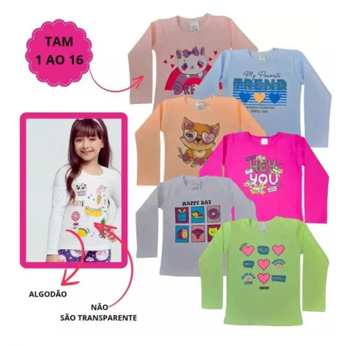 Kit 5 Camisetas Blusinha Manga Longa de Algodão Infantil Menina Meia Estação no Tamanho 1 ao 16