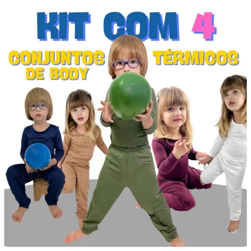 Kit 8 Peças Conjunto Térmico 4 Bodys + 4 Calças Infantil para Bebe Menino e Menina Peluciado Inverno