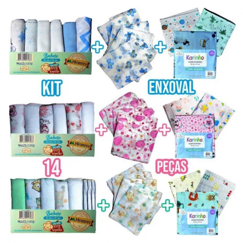 Kit Bebe Infantil 14 Peças 6 Paninho de Boca 5 Fralda de Pano 3 Cueiro Flanelado 100% Algodão Enxoval de Bebê